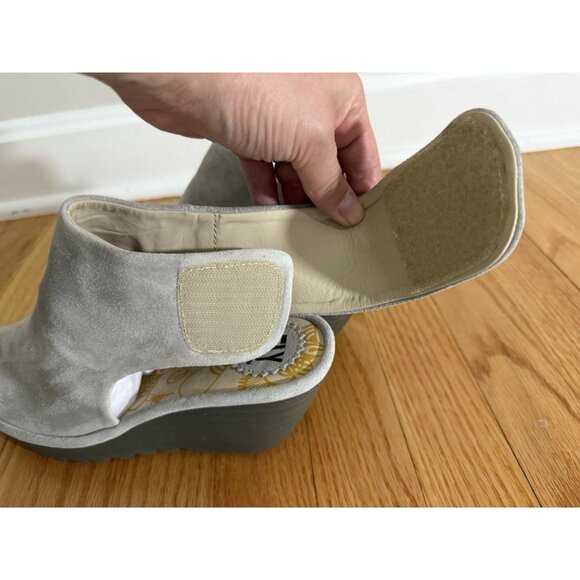 Fly London womens EU 39 US 8 8.5 Yone Peep Toe suede leather wedge heels beige - Picture 8 of 11